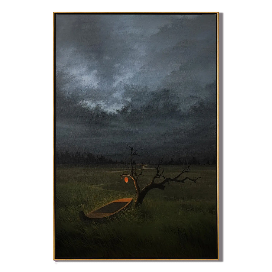 Moody Stormy Landscape Wall Art with Glowing Lantern and Boat, Surreal Lone Tree Meadow Canvas for Living Room Decor #OA 0738