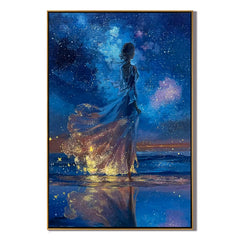 Girl Under Starry Sky Oil Painting, Dreamy Ocean Night Wall Art for Bedroom Decor#OA 0621