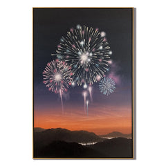 Fireworks Over Mountain Sunset Wall Art, Celebration Night Sky Canvas Painting for Living Room Decor #OA 0758