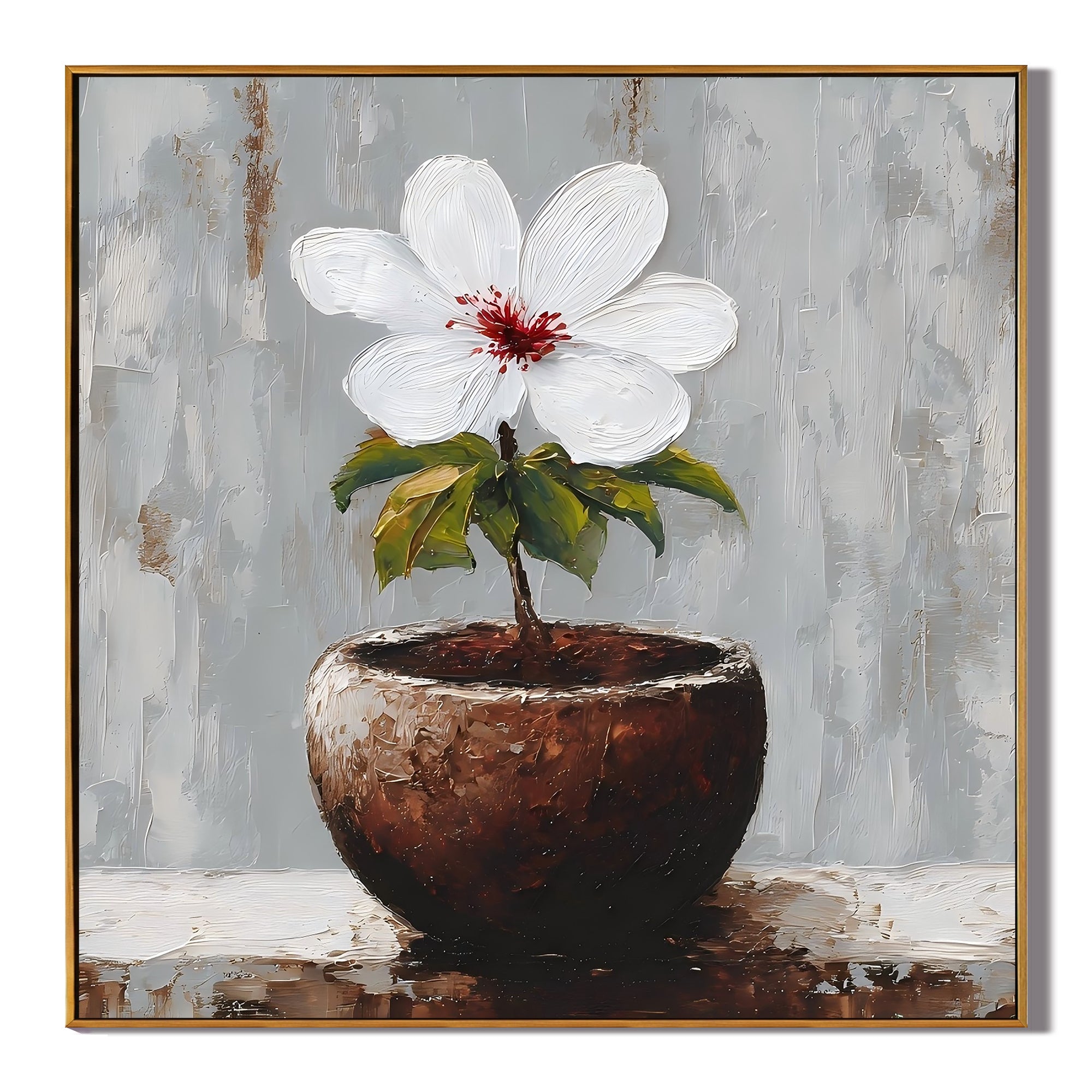 Minimalist White Flower Canvas Wall Art – Elegant Potted Plant Painting for Modern Home Decor#OA 0852