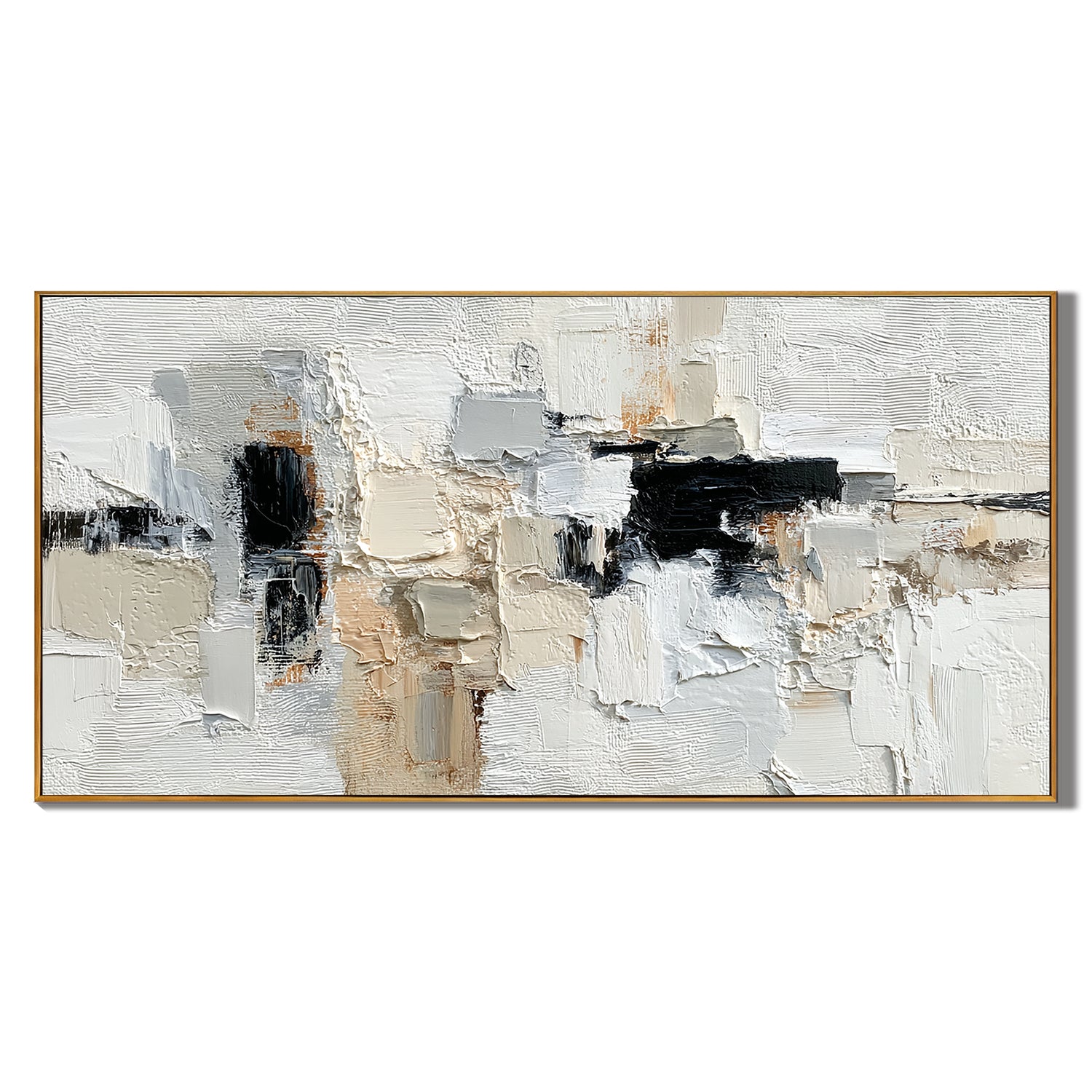 Large Neutral Abstract Canvas Wall Art – Textured Black White Beige Painting for Modern Living Room Decor#OA 0872