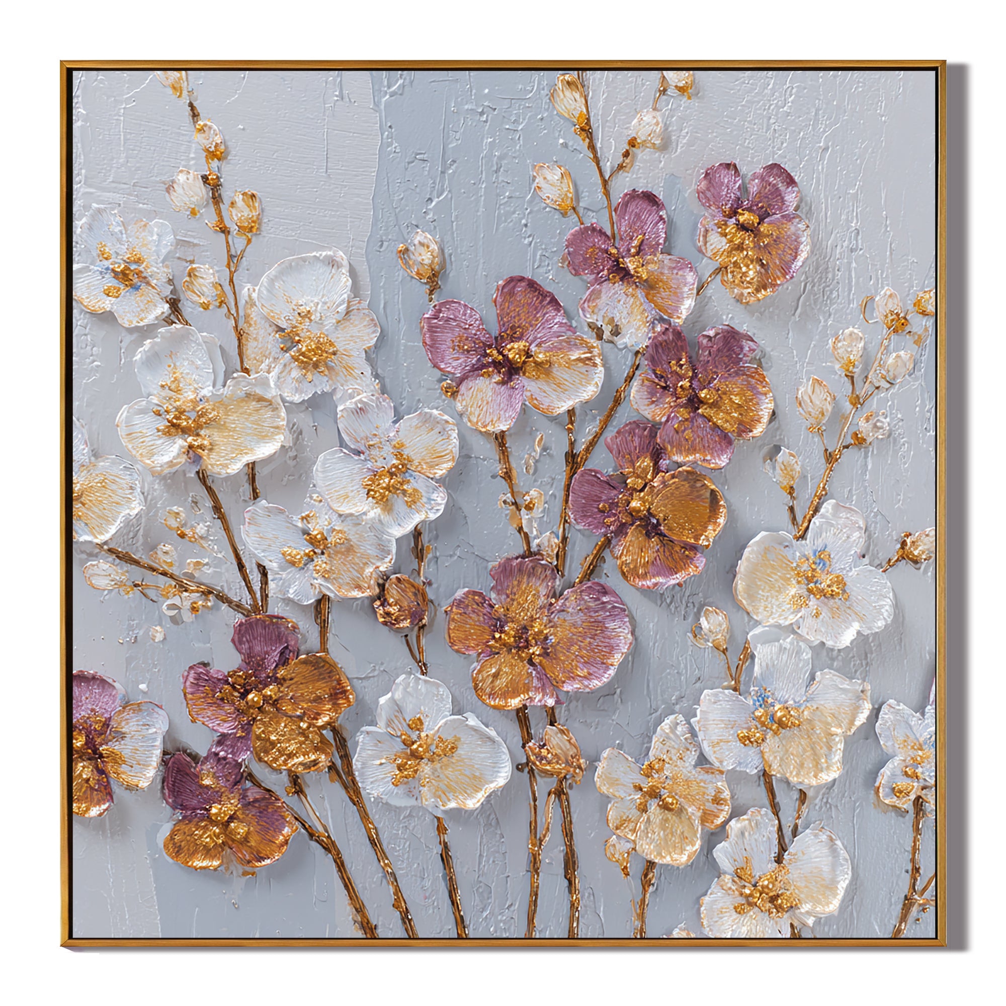 Luxury Floral Canvas Wall Art – White & Purple Flowers with Gold Texture for Elegant Home Decor#OA 0849