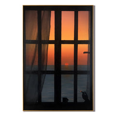 Ocean Sunset Window View Wall Art, Silhouette Interior Scene Canvas, Romantic Seascape Painting for Living Room Decor #OA 0756