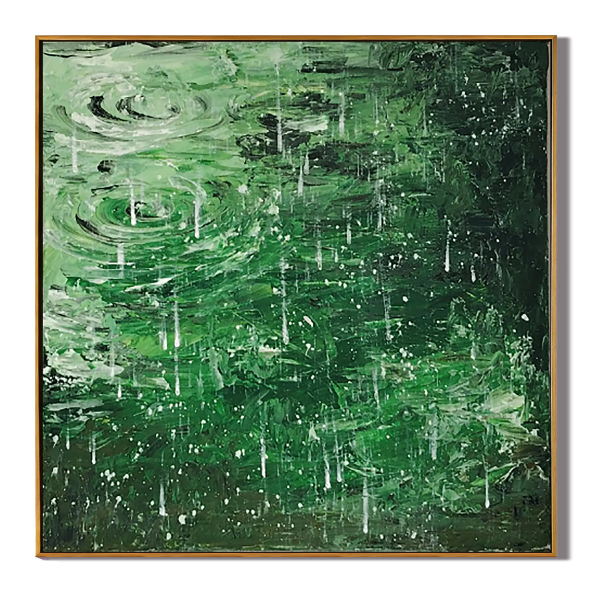 Dark Green Rain Ripple Oil Painting, Abstract Water Wall Art for Living Room Decor#OA 0612