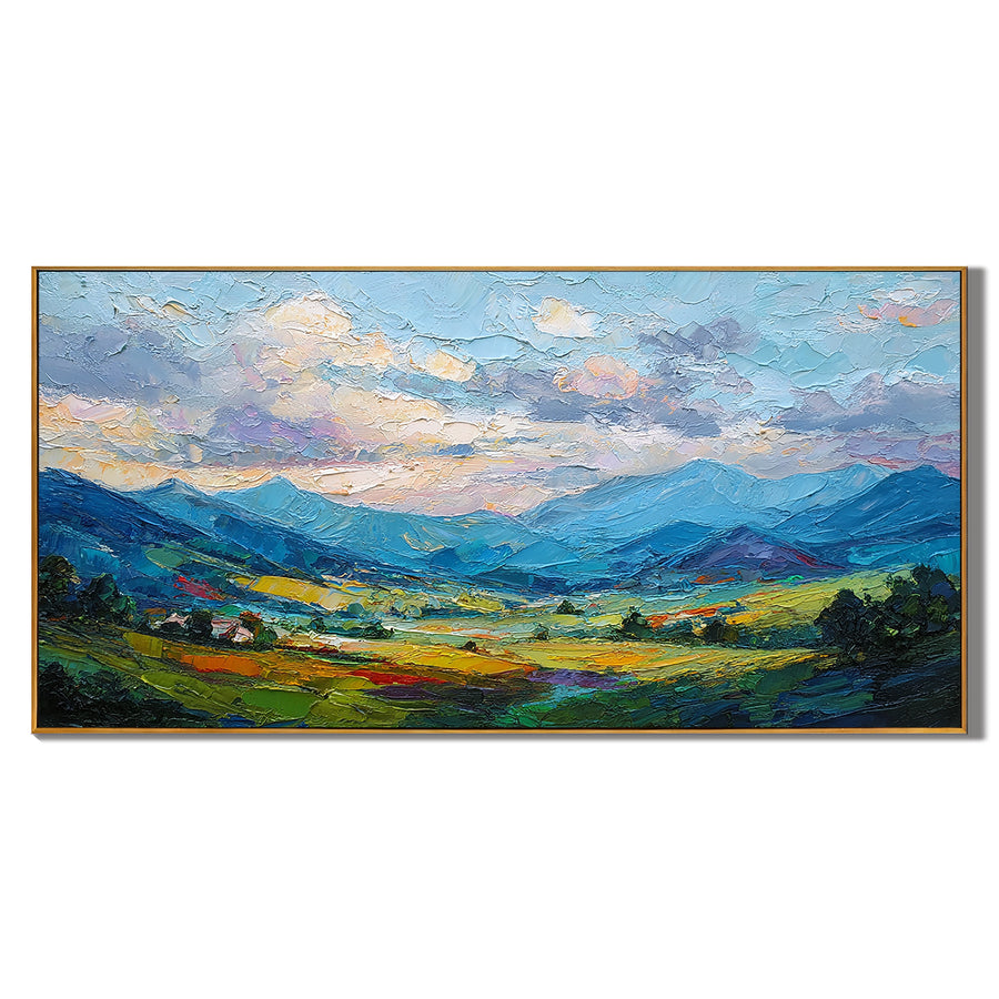 Large Colorful Mountain Landscape Oil Painting – Textured Panorama Canvas Wall Art for Living Room#OA 0888