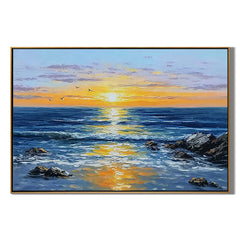 Ocean Sunset Wall Art, Blue Seascape Canvas Painting with Golden Reflection for Living Room Décor #OA 0404