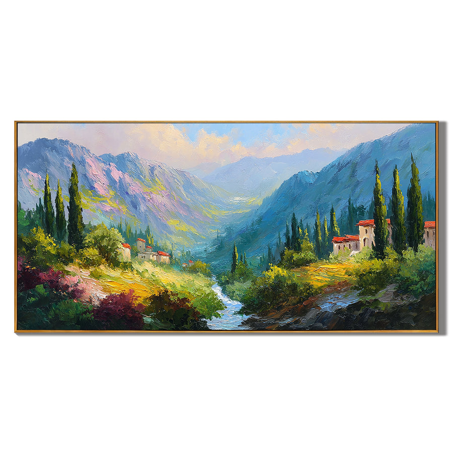Large Mediterranean Mountain Landscape Oil Painting – Scenic Valley Canvas Wall Art#OA 0889