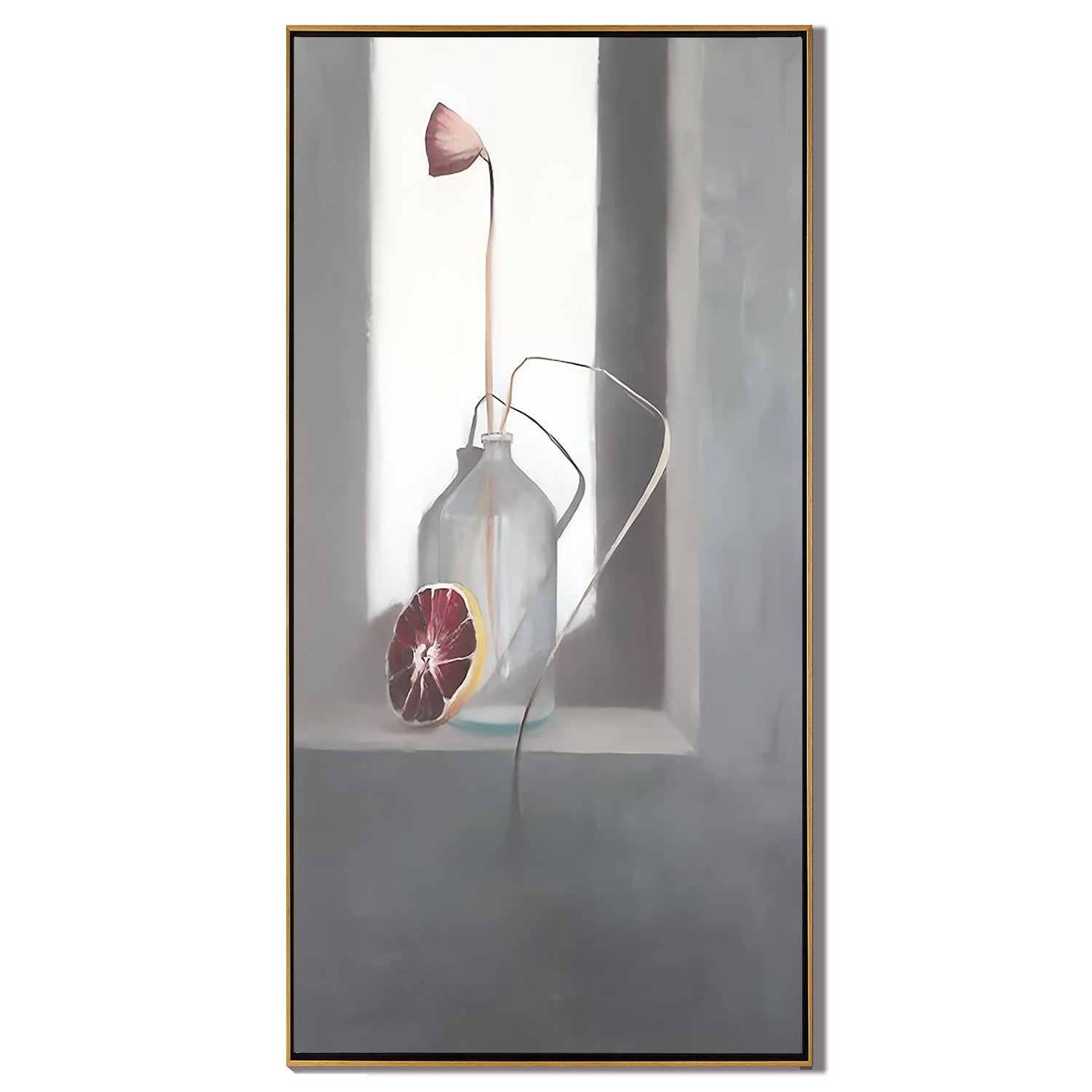 Bottle with Grapefruit-Minimalist Bottle Still Life Wall Art