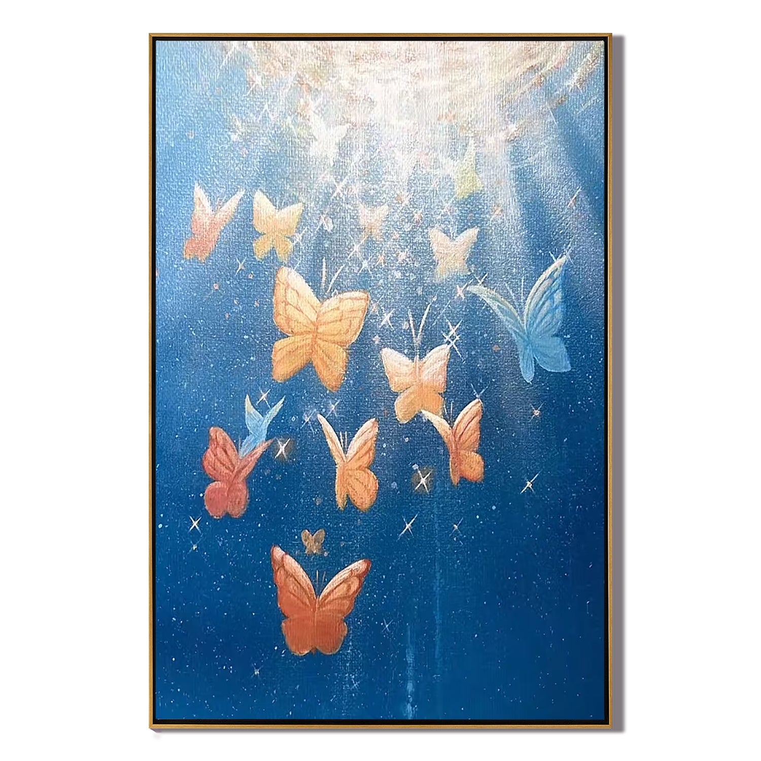 Dreamy Butterfly Wall Art, Celestial Blue Sky Canvas Painting with Light Rays, Whimsical Nature Decor for Living Room or Bedroom #OA 0787
