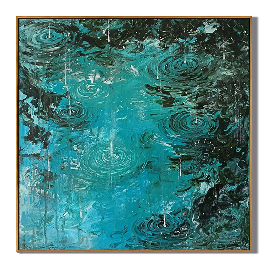 Rain Ripple Oil Painting, Turquoise Water Abstract Wall Art for Living Room Decor#OA 0614
