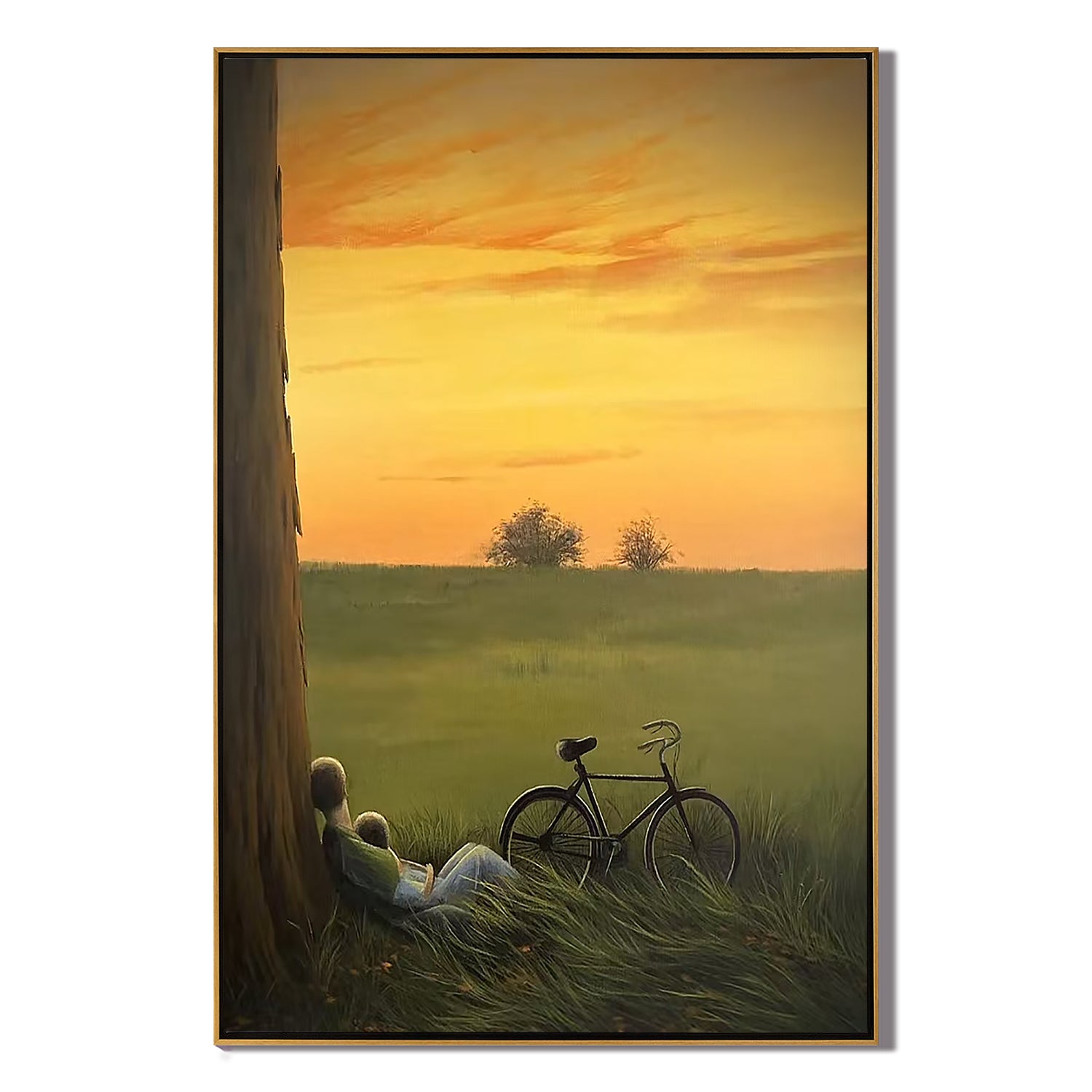 Romantic Couple Under Tree Wall Art, Vintage Bicycle Sunset Countryside Canvas Painting for Living Room Decor #OA 0781