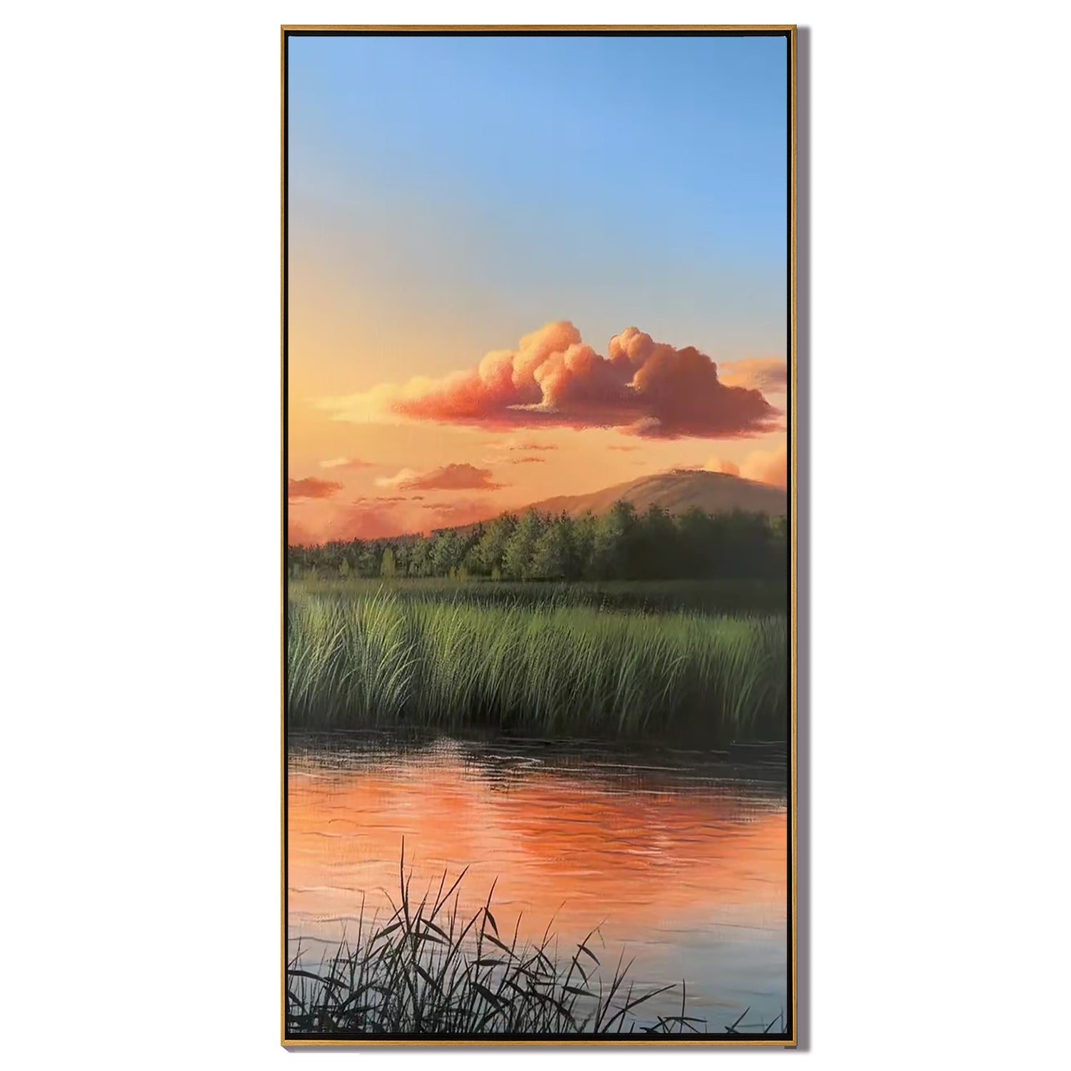 Sunset Marsh Landscape Wall Art, Serene Lake Reflection Canvas Painting, Nature Scenic Wall Decor for Living Room #OA 0782