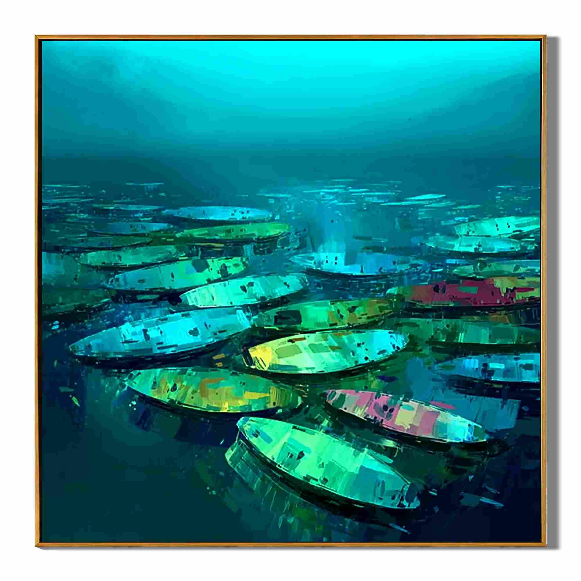 Modern Abstract Boat Painting on Water | Blue Green Lake Boat Wall Art | Large Hand Painted Contemporary Canvas Artwork#OA 0429