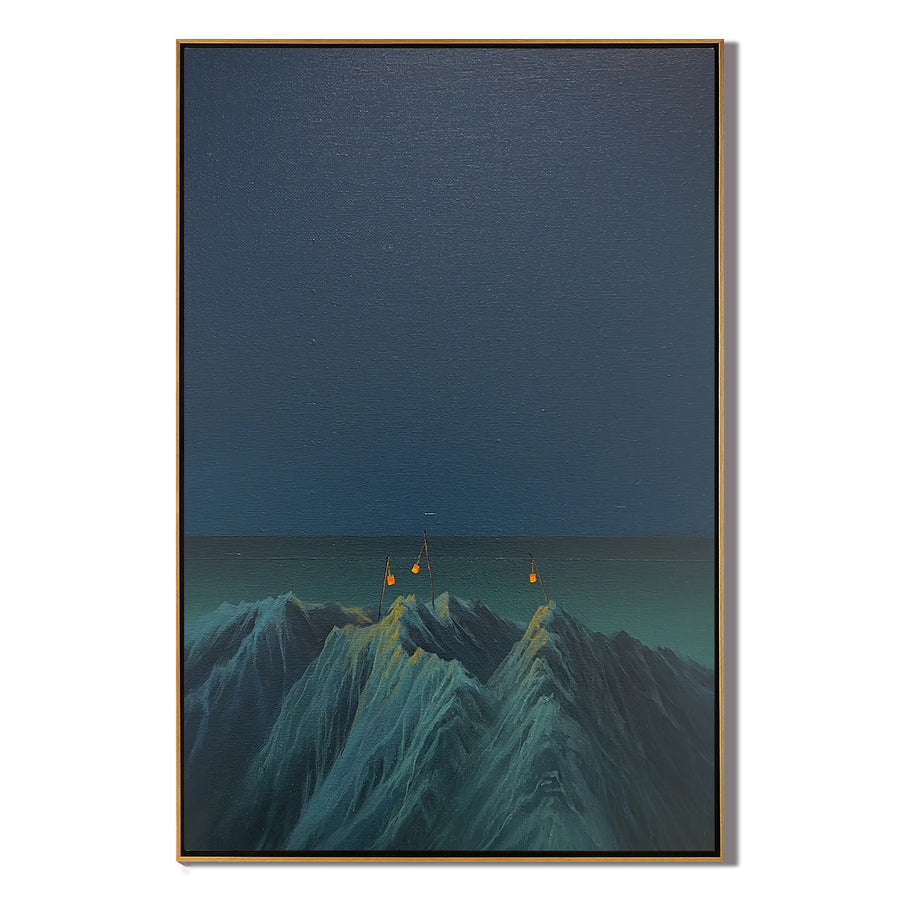Surreal Mountain Night Wall Art with Hanging Lanterns, Minimalist Blue Landscape Canvas for Living Room Decor #OA 0746