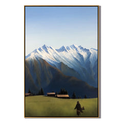 Snow-Capped Mountain Landscape Wall Art, Alpine Meadow with Cabins Canvas Painting for Living Room Decor #OA 0766