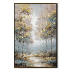 Golden Abstract Forest Wall Art, Modern Blue and Gold Landscape Canvas Painting for Living Room Decor #OA 0568