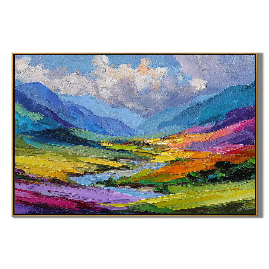 Large Colorful Mountain Landscape Canvas Wall Art – Vibrant Valley Oil Painting for Living Room Decor#OA 0884