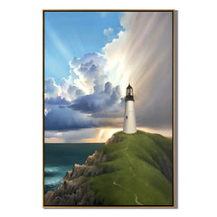 Coastal Lighthouse Wall Art, Dramatic Seascape Canvas Painting with Sun Rays for Living Room Decor #OA 0762