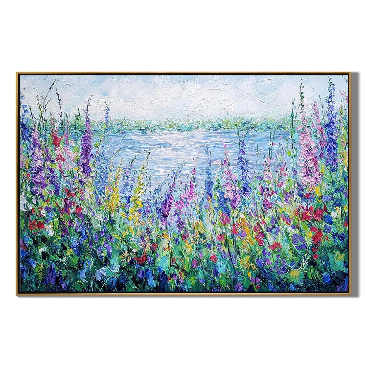 Colorful Wildflower Lake Wall Art, Textured Garden Landscape Canvas Painting for Living Room Décor #OA 0407