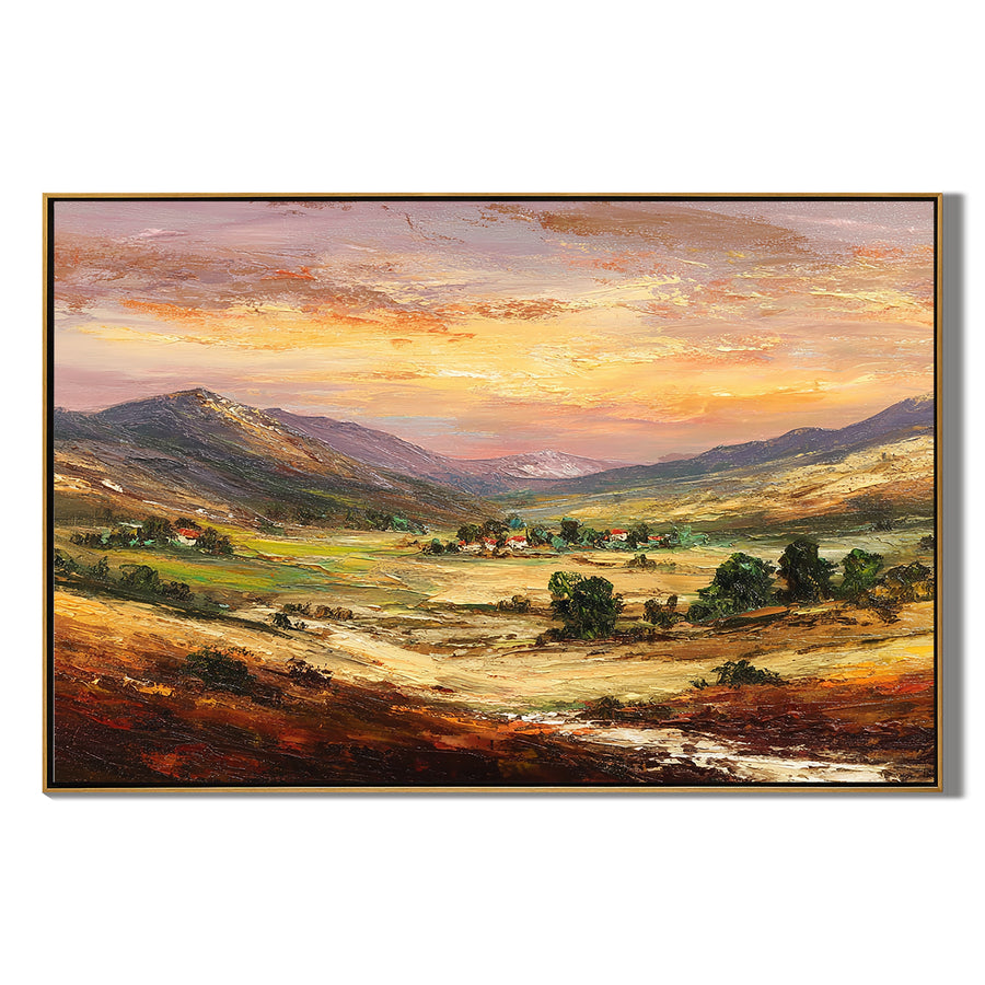 Large Sunset Mountain Landscape Canvas Wall Art – Warm Valley Oil Painting for Living Room Decor#OA 0885