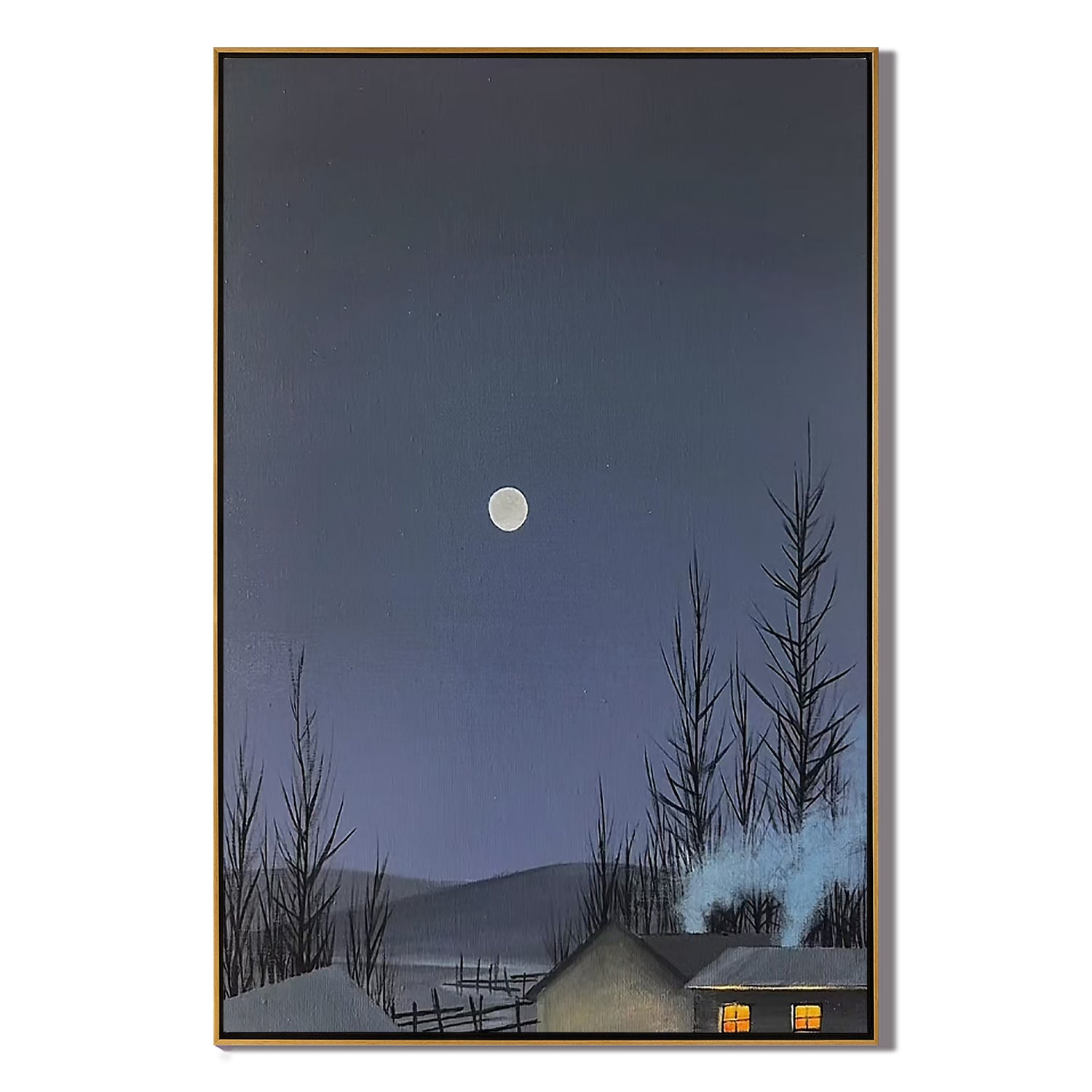 Moonlit Winter Cabin Wall Art – Snowy Night Landscape Canvas Painting for Living Room Decor #OA 0817