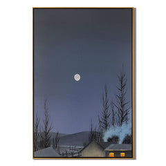 Moonlit Winter Cabin Wall Art – Snowy Night Landscape Canvas Painting for Living Room Decor #OA 0817