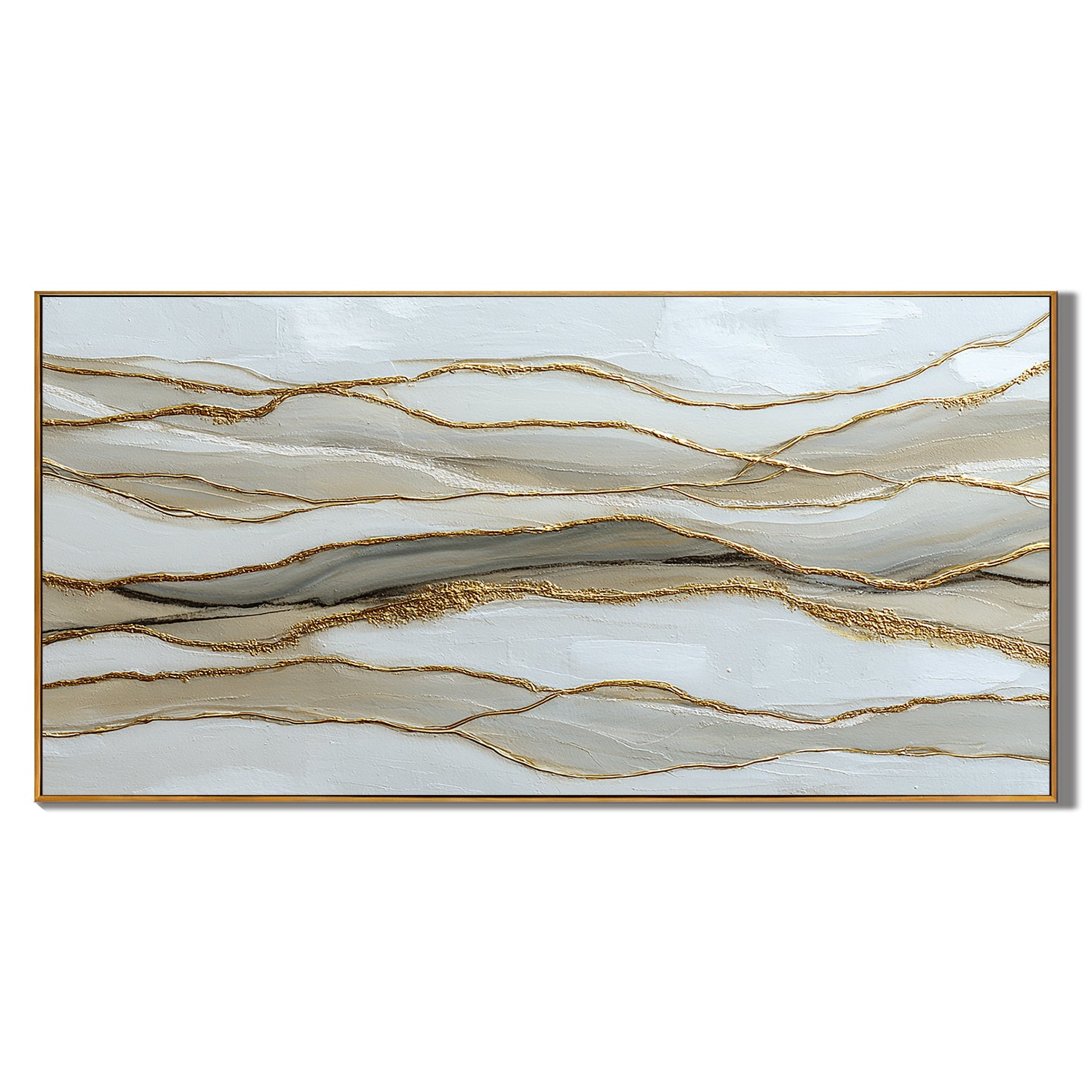 Large Horizontal Abstract Canvas Wall Art – Neutral Beige White and Gold Textured Painting for Modern Living Room Decor#OA 0870