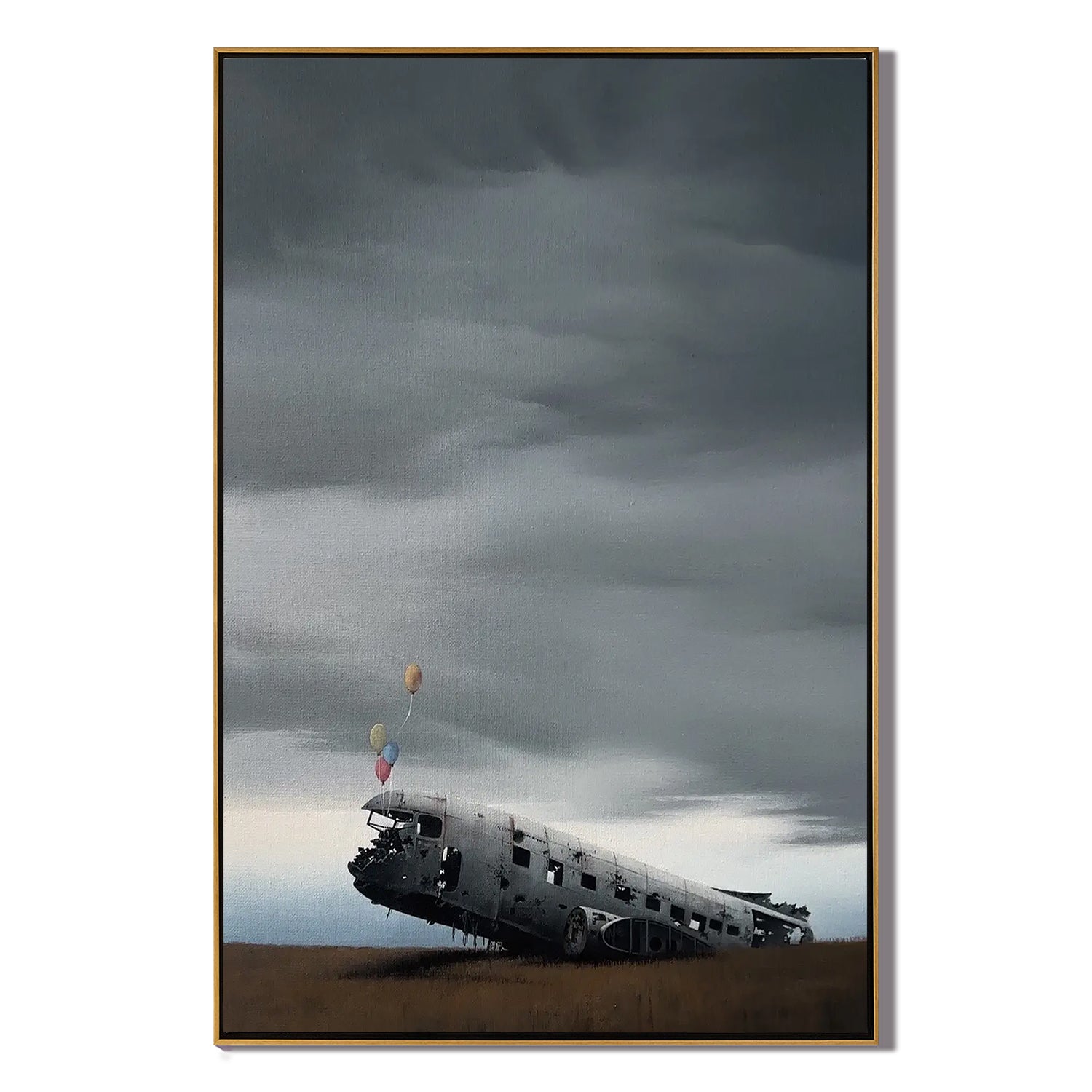 Surreal Airplane Wreck with Balloons Wall Art, Moody Landscape Canvas Painting for Modern Living Room Decor #OA 0761