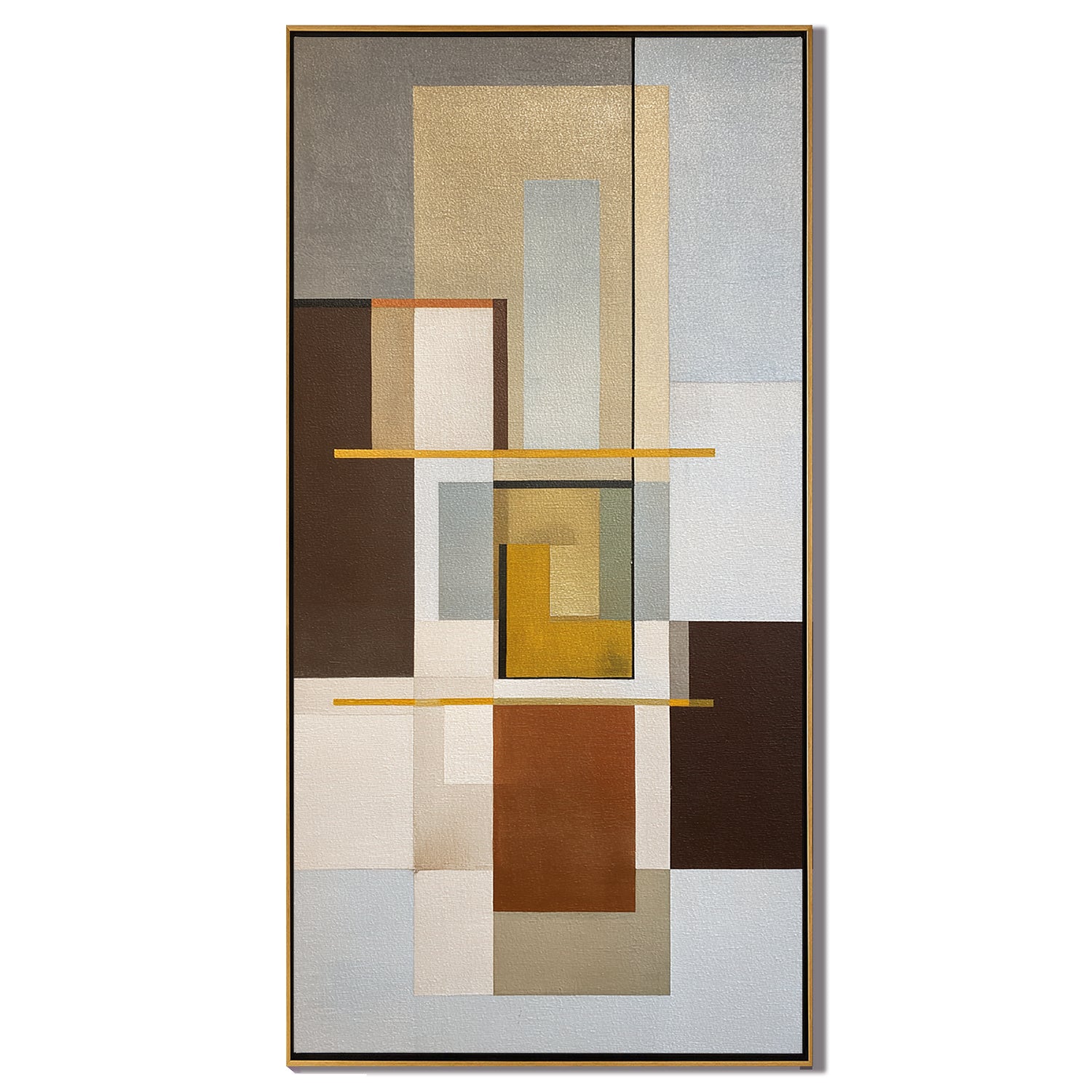Mid Century Modern Geometric Abstract Canvas Wall Art – Neutral Beige and Brown Vertical Painting for Living Room Decor#OA 0862