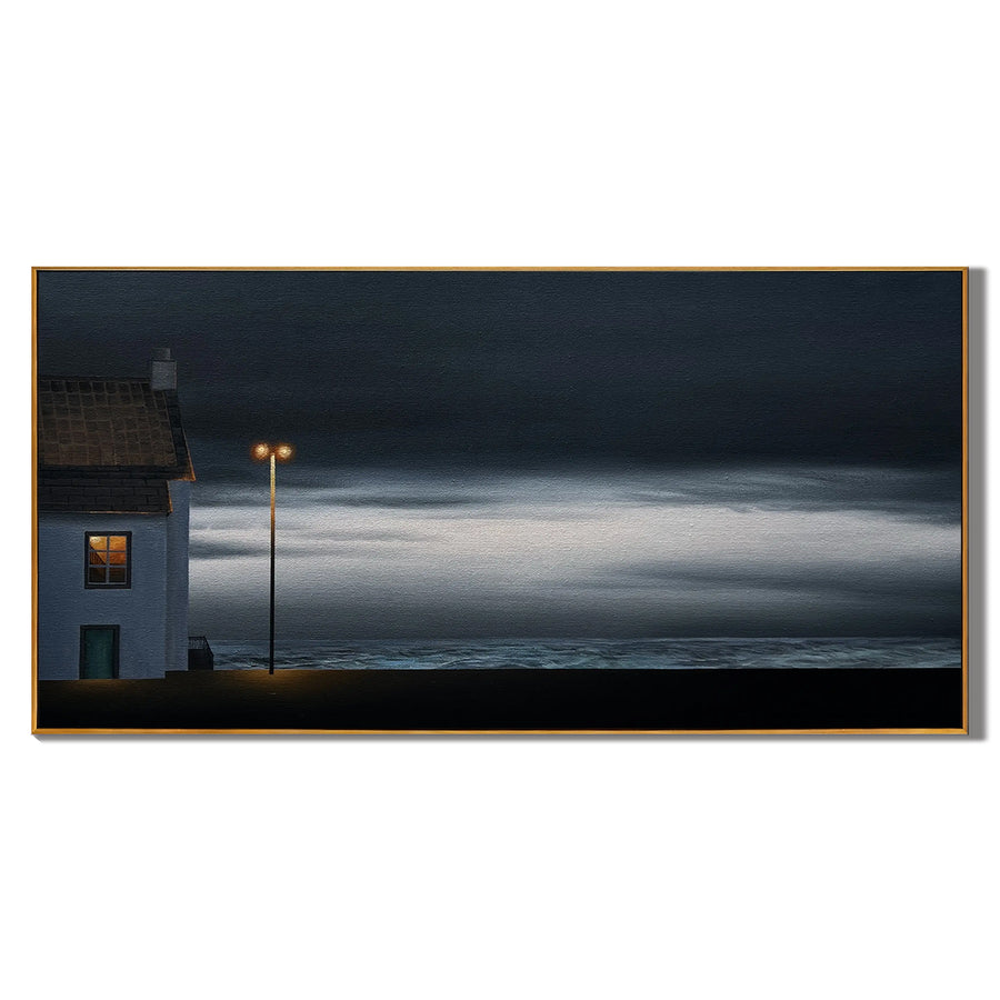 Moody Coastal Night Wall Art with Lonely House and Streetlight, Panoramic Seascape Canvas for Living Room Decor #OA 0735