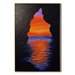 Sunset Ocean Cave Oil Painting, Dramatic Seascape Wall Art for Living Room Decor#OA 0597