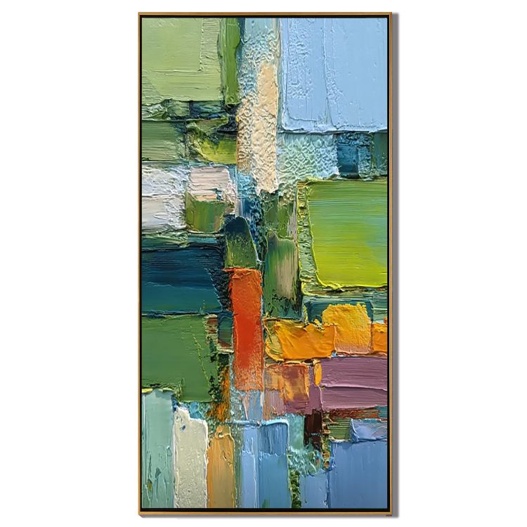 Green Geometric Abstract Wall Art, Colorful Textured Block Canvas Painting for Modern Living Room Décor
