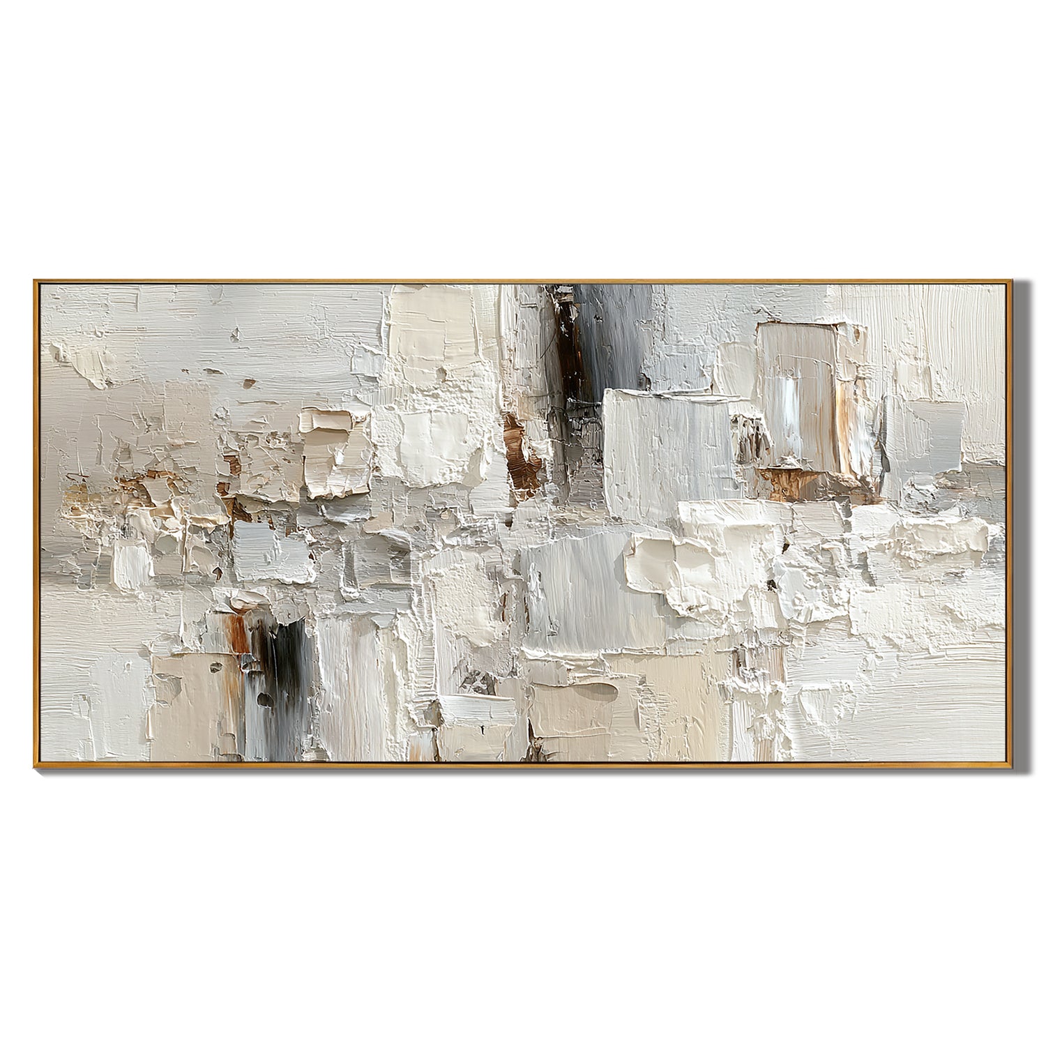 Large Neutral Textured Abstract Canvas Wall Art – Horizontal Impasto Painting in Cream White for Modern Living Room Decor#OA 0880