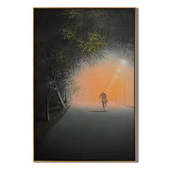 Moody Foggy Street Wall Art, Solitary Figure Walking Under Streetlights Canvas Painting for Modern Home Decor #OA 0767