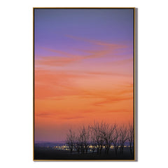 Sunset Sky with Bare Trees and Distant City Lights Wall Art, Serene Landscape Canvas for Living Room Decor #OA 0755