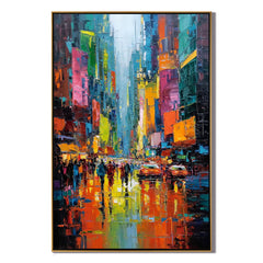 Colorful City Street Oil Painting, Abstract Urban Wall Art for Living Room Decor#OA 0533