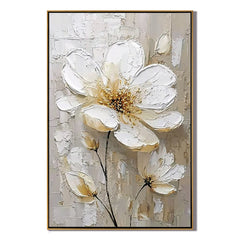 White Floral Oil Painting, Textured Gold Flower Wall Art for Living Room Decor#OA 0584