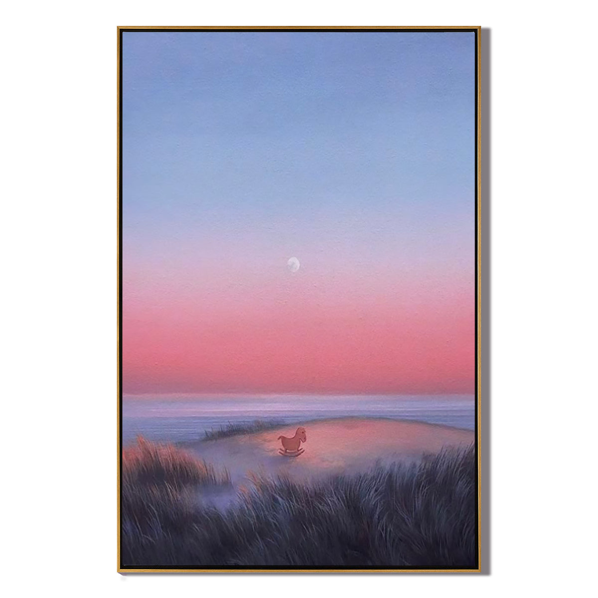 Dreamy Coastal Sunset Wall Art with Rocking Horse, Pastel Pink and Blue Seascape Canvas for Nursery or Living Room Decor #OA 0733