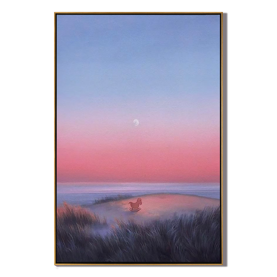 Dreamy Coastal Sunset Wall Art with Rocking Horse, Pastel Pink and Blue Seascape Canvas for Nursery or Living Room Decor #OA 0733