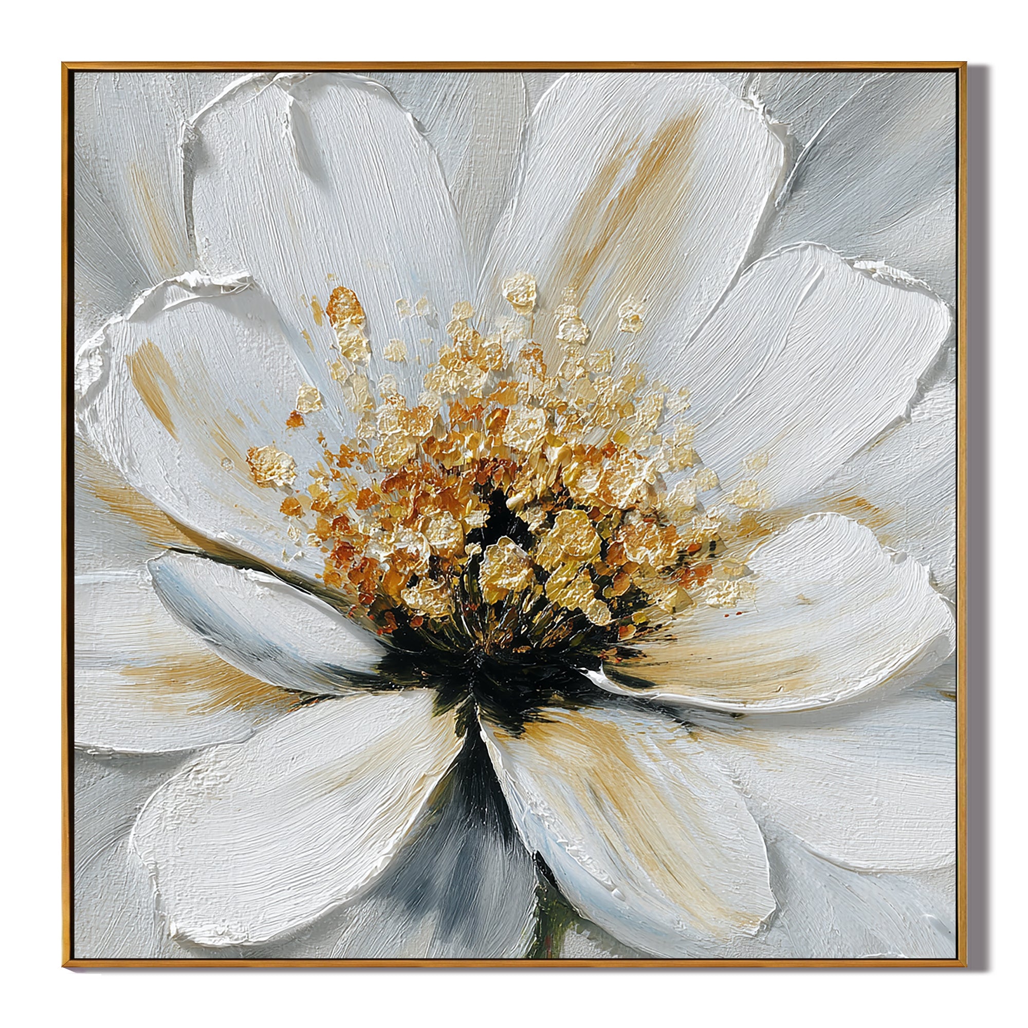 White Flower Canvas Wall Art – Elegant Floral Painting with Gold Texture for Modern Home Decor#OA 0847