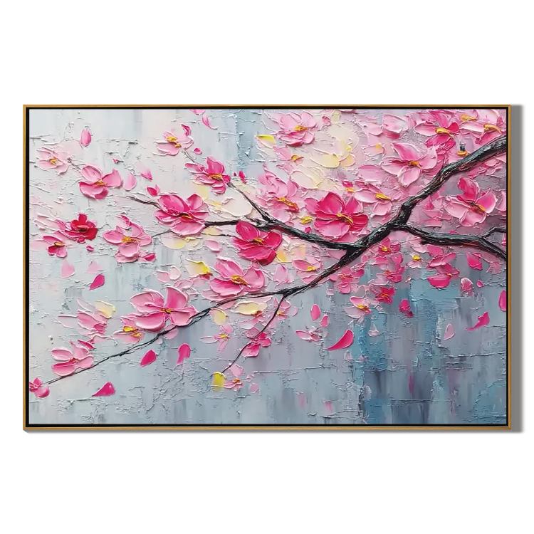 Cherry Blossom Branch Wall Art, Pink Textured Floral Canvas Painting for Living Room Décor #OA 0420
