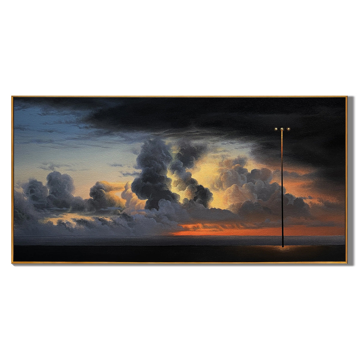Dramatic Sunset Seascape Wall Art with Lone Streetlight, Panoramic Moody Cloud Landscape Canvas for Living Room Decor #OA 0734