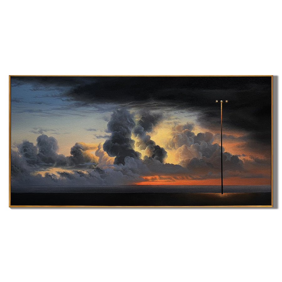 Dramatic Sunset Seascape Wall Art with Lone Streetlight, Panoramic Moody Cloud Landscape Canvas for Living Room Decor #OA 0734