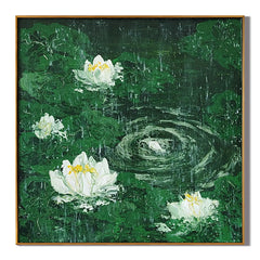 White Lotus Oil Painting, Green Rain Pond Floral Wall Art for Living Room Decor#OA 0606
