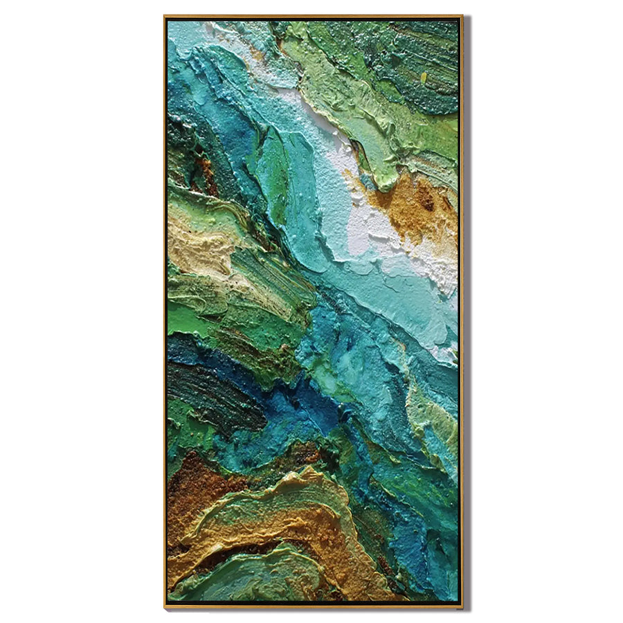 Green Blue Abstract Oil Painting, Textured Nature-Inspired Wall Art for Living Room Decor#OA 0603