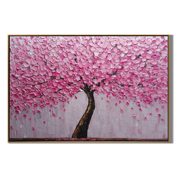 Pink Cherry Blossom Tree Oil Painting | Textured Floral Wall Art for Modern Living Room & Bedroom #OA 0425