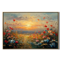 Sunset Wildflower Meadow Wall Art, Colorful Floral Landscape Canvas Painting for Living Room Décor #OA 0415