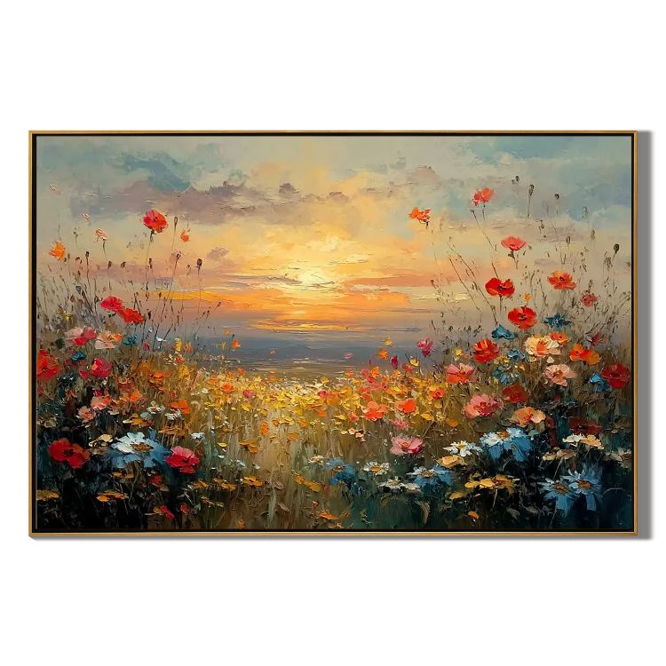 Sunset Wildflower Meadow Wall Art, Colorful Floral Landscape Canvas Painting for Living Room Décor #OA 0415