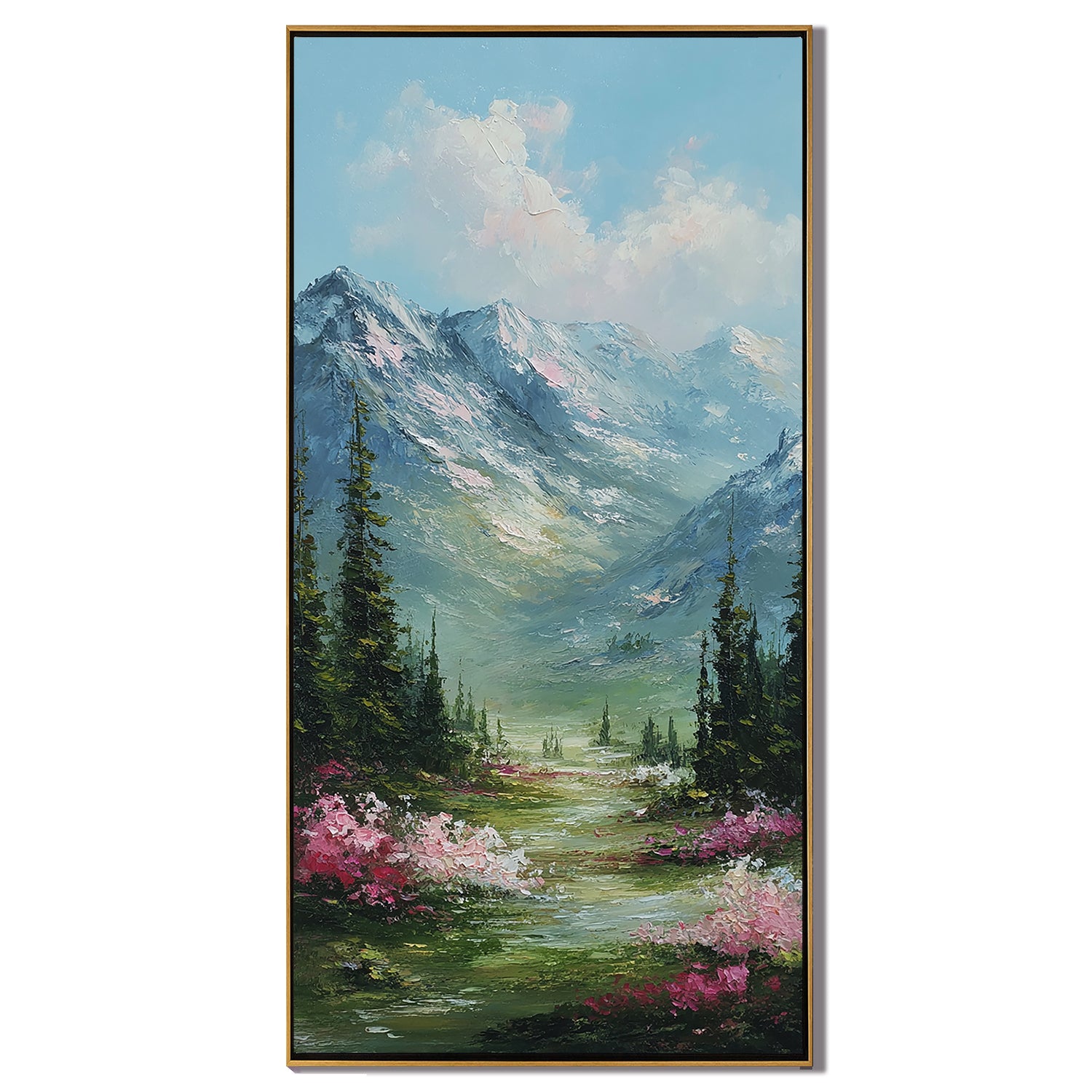 Vertical Mountain Landscape Oil Painting – Scenic Forest Valley Canvas Wall Art#OA 0890