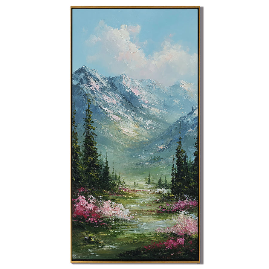 Vertical Mountain Landscape Oil Painting – Scenic Forest Valley Canvas Wall Art#OA 0890